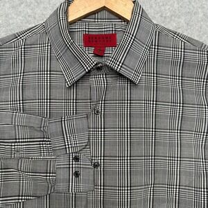 Bergamo‎ New York Mens Large Fitted Glen Plaid Button Down Shirt Black White L